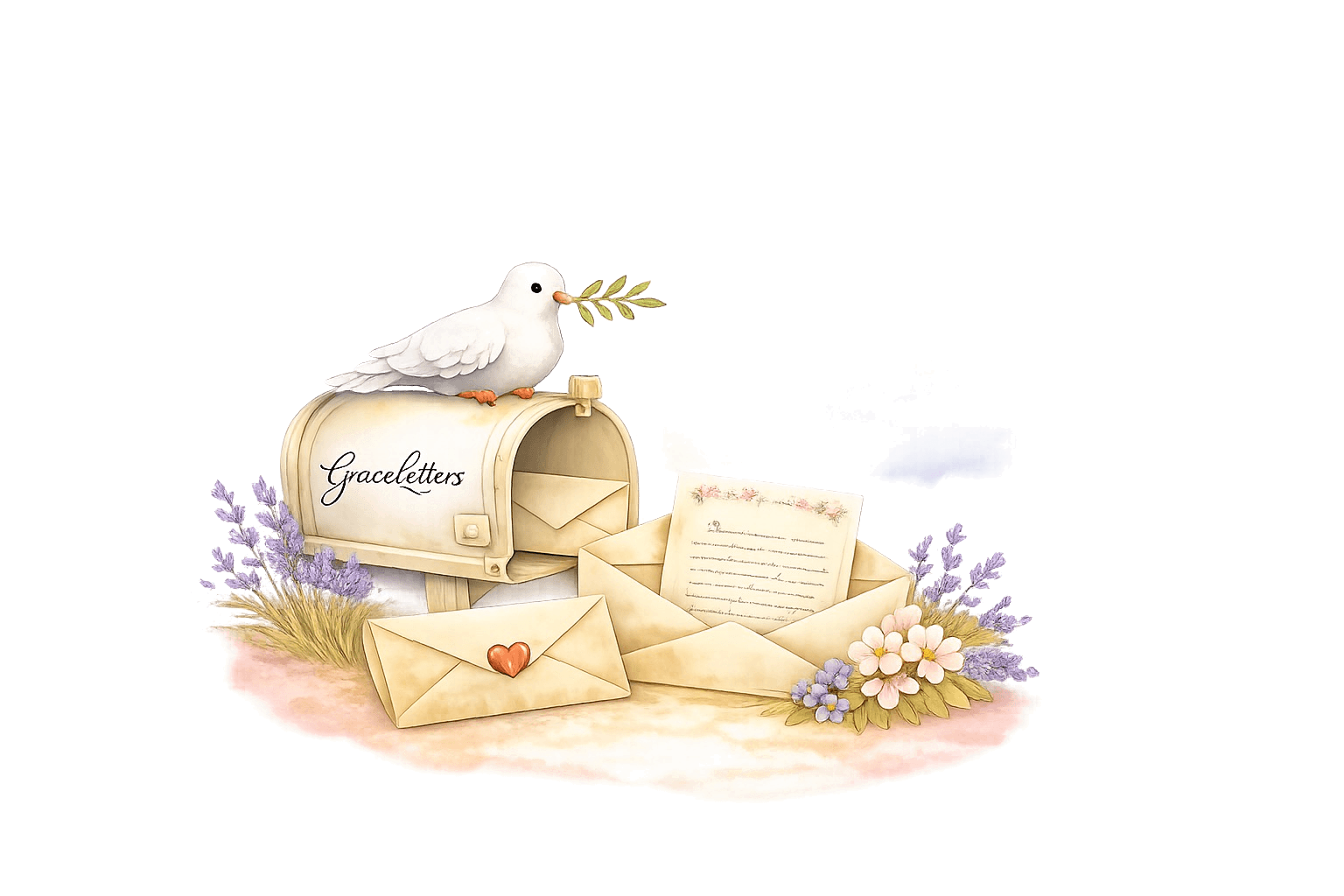 GraceLetters mailbox with white dove, handwritten letters, and pastel flowers